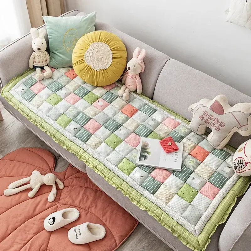 Cotton Grid Cushion Patchwork Sofa Cushion Plaid Carpet Anti-Slip Rugs Thicken Cushion for Living Room Decor Seat Tatami Mat