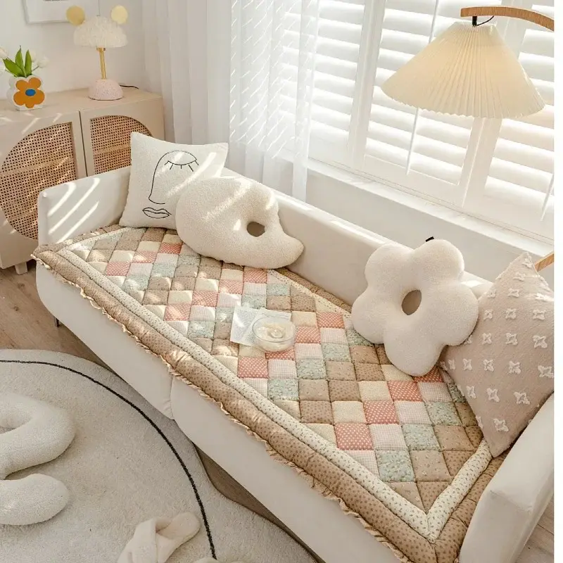 Cotton Grid Cushion Patchwork Sofa Cushion Plaid Carpet Anti-Slip Rugs Thicken Cushion for Living Room Decor Seat Tatami Mat