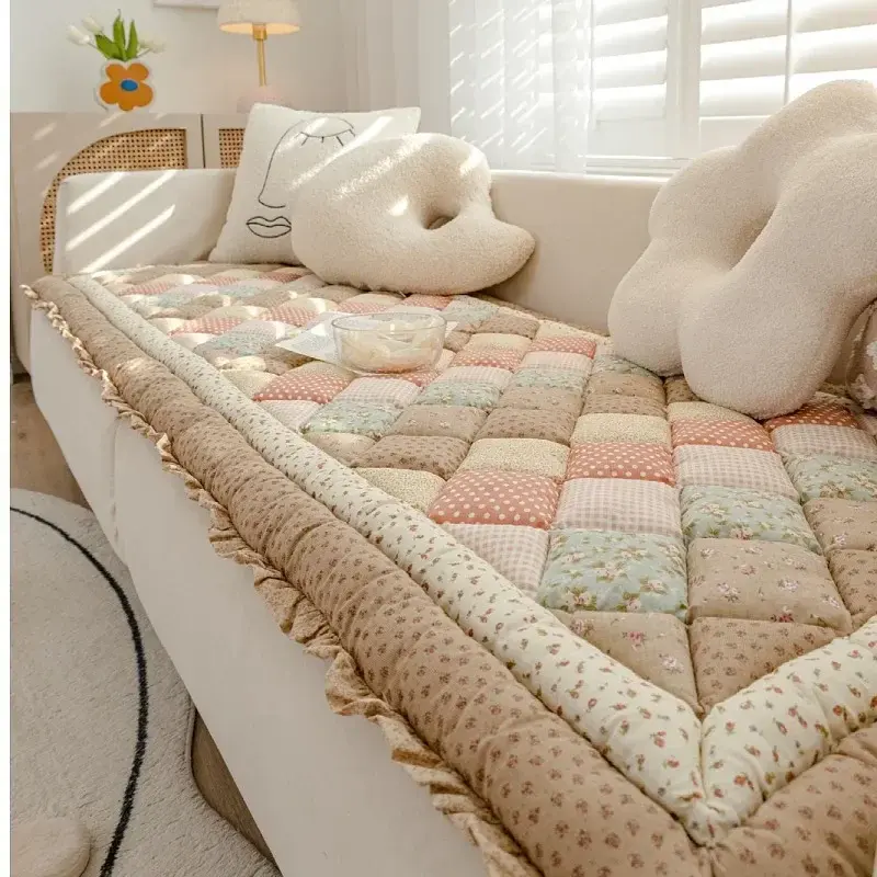 Cotton Grid Cushion Patchwork Sofa Cushion Plaid Carpet Anti-Slip Rugs Thicken Cushion for Living Room Decor Seat Tatami Mat