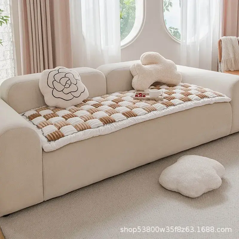 Cream-coloured Large Plaid Square Pet Carpet Bed Sofa Cover Plush bedside floor mat anti-skid rectangular Mantou mat bedroom