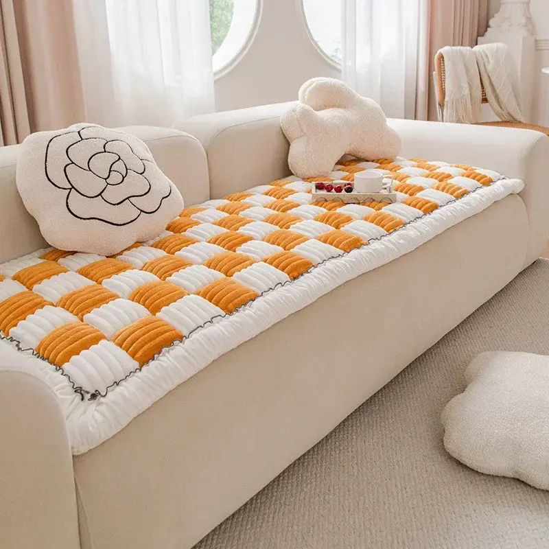 Cream-coloured Large Plaid Square Pet Carpet Bed Sofa Cover Plush bedside floor mat anti-skid rectangular Mantou mat bedroom