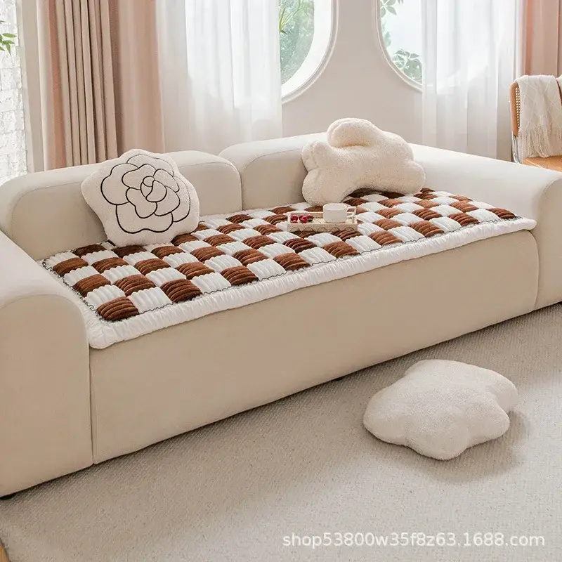 Cream-coloured Large Plaid Square Pet Carpet Bed Sofa Cover Plush bedside floor mat anti-skid rectangular Mantou mat bedroom