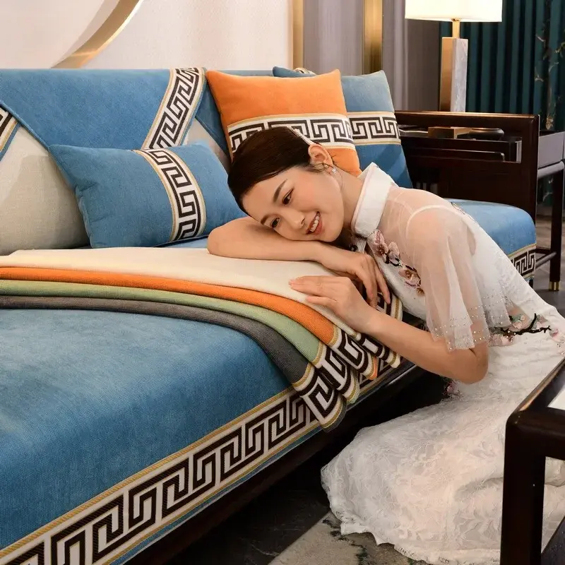 Retro Chinese Style Sofa Cover Chenille Anti-slip Couch Cushion for Living Room Sofa Towel Universal Slipcover Embroidery Ribbon