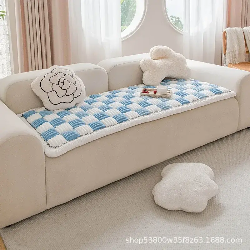 Cream-coloured Large Plaid Square Pet Carpet Bed Sofa Cover Plush bedside floor mat anti-skid rectangular Mantou mat bedroom