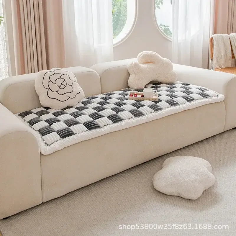 Cream-coloured Large Plaid Square Pet Carpet Bed Sofa Cover Plush bedside floor mat anti-skid rectangular Mantou mat bedroom
