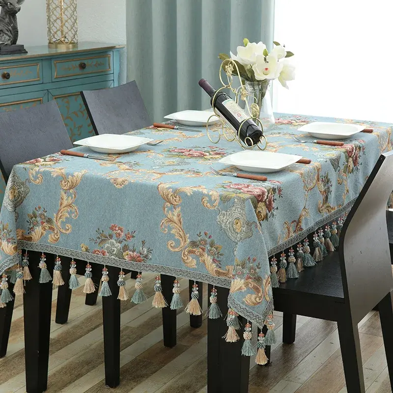 Luxury Jacquard Tablecloth with Tassel Pendant Chenille Fabric Rectangular Table Cover European Living Room Coffee Table Cloth