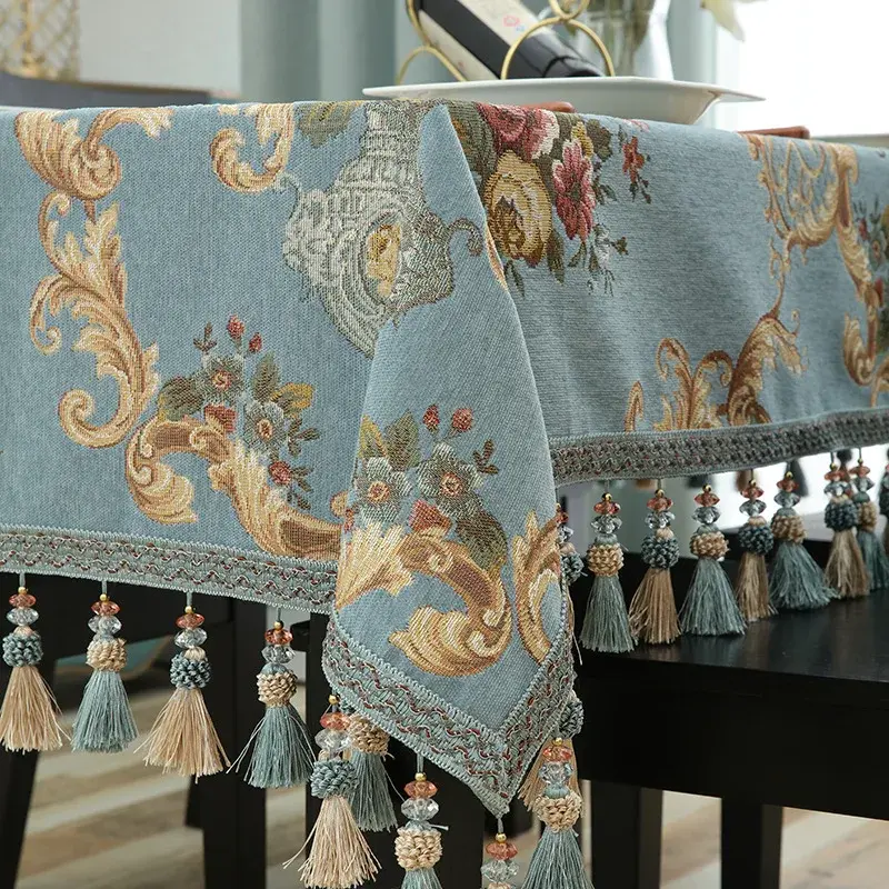 Luxury Jacquard Tablecloth with Tassel Pendant Chenille Fabric Rectangular Table Cover European Living Room Coffee Table Cloth