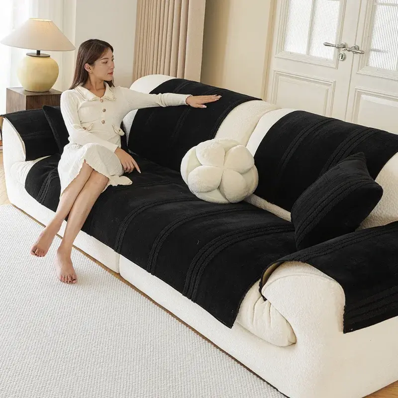 Chenille Solid Color Striped Sofa Cushion Four Seasonal Universal Sofa Mat Anti Slip Dustproof Sofa Cover Combination Couch Mat