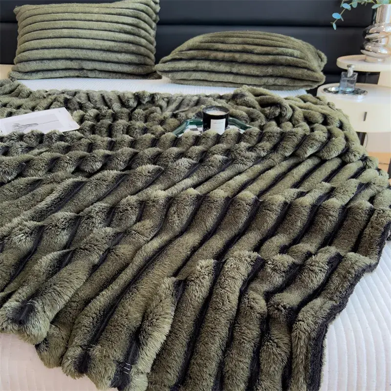 Solid Color Fluffy Blankets Thickened Wide Striped Blanket Soft Warm Sofa Bed Sheet Cover Chunky Nap Blanket Home Bedroom Decor
