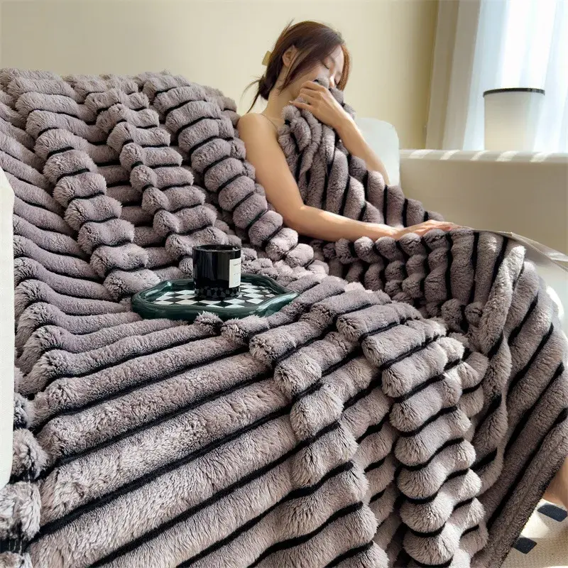 Solid Color Fluffy Blankets Thickened Wide Striped Blanket Soft Warm Sofa Bed Sheet Cover Chunky Nap Blanket Home Bedroom Decor