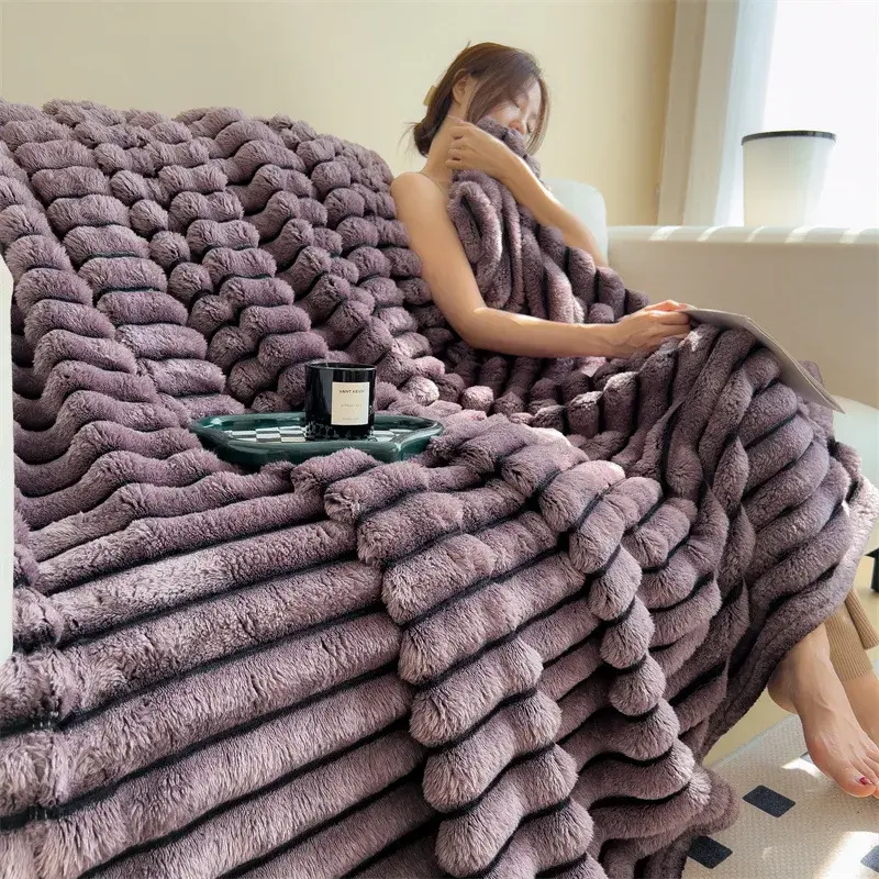 Solid Color Fluffy Blankets Thickened Wide Striped Blanket Soft Warm Sofa Bed Sheet Cover Chunky Nap Blanket Home Bedroom Decor