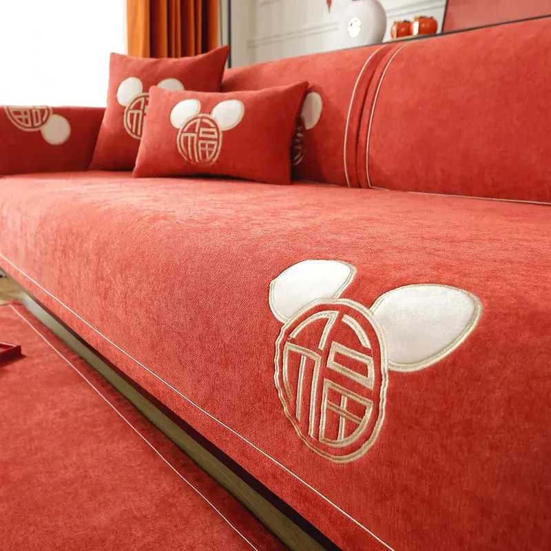 High-grade Sofa Towel Classical Red Joyous Modern Soft Chenille Anti-slip Sectional Sofa Cover Luxury Solid Color Couch Covers