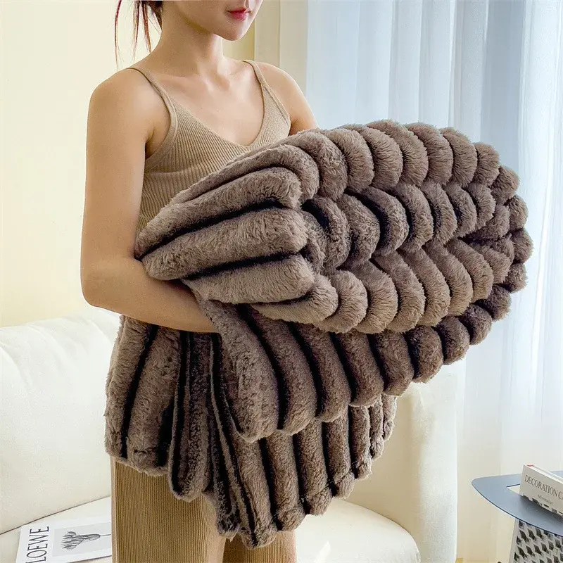 Solid Color Fluffy Blankets Thickened Wide Striped Blanket Soft Warm Sofa Bed Sheet Cover Chunky Nap Blanket Home Bedroom Decor