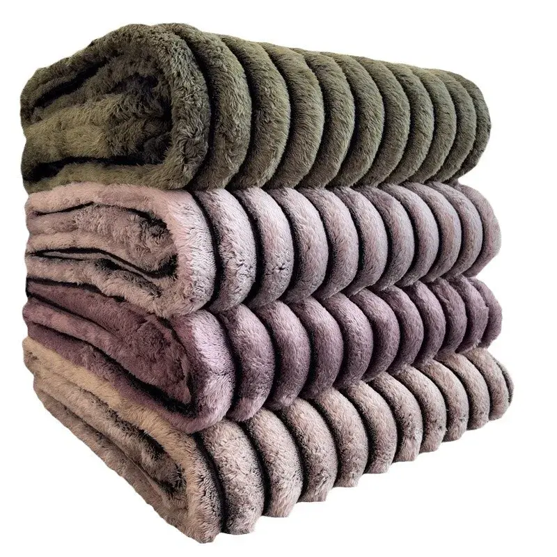 Solid Color Fluffy Blankets Thickened Wide Striped Blanket Soft Warm Sofa Bed Sheet Cover Chunky Nap Blanket Home Bedroom Decor