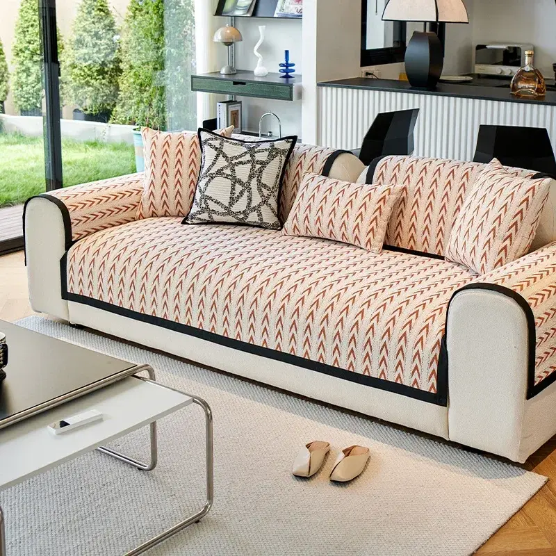 Chenille Sofa Cover V-shaped Stripe Non-slip Sofa Cushion Four Season Universal Restaurant Home Sofa Mat Armrest Backrest Towel