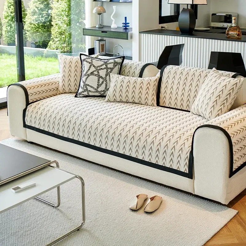 Chenille Sofa Cover V-shaped Stripe Non-slip Sofa Cushion Four Season Universal Restaurant Home Sofa Mat Armrest Backrest Towel
