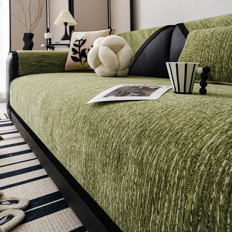 Four Seasons Universal French Sofa Cover Stripe Sofa Pad Solid Color Line Sofa Mat for Living Room Non-Slip L-type Couch Cushion