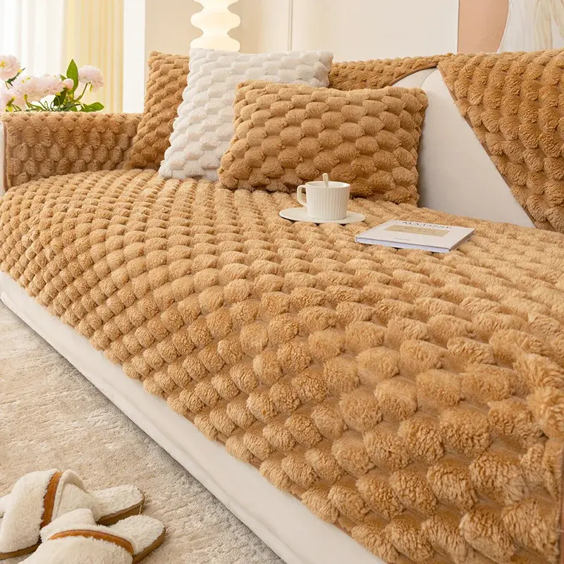 Winter Cream Wind Sofa Cushion Warm Thickened European Style Anti-skid Sofa Cover Solid Color Honeycomb Velvet Backrest Towel