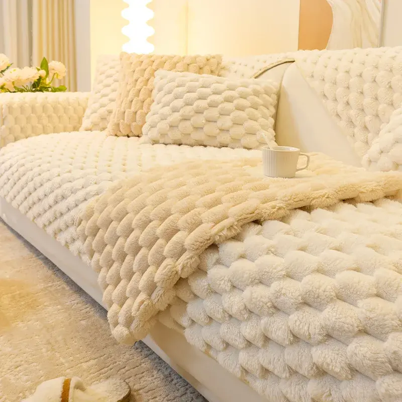 Winter Cream Wind Sofa Cushion Warm Thickened European Style Anti-skid Sofa Cover Solid Color Honeycomb Velvet Backrest Towel