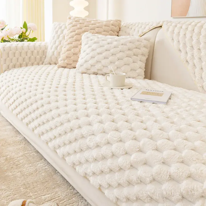 Winter Cream Wind Sofa Cushion Warm Thickened European Style Anti-skid Sofa Cover Solid Color Honeycomb Velvet Backrest Towel