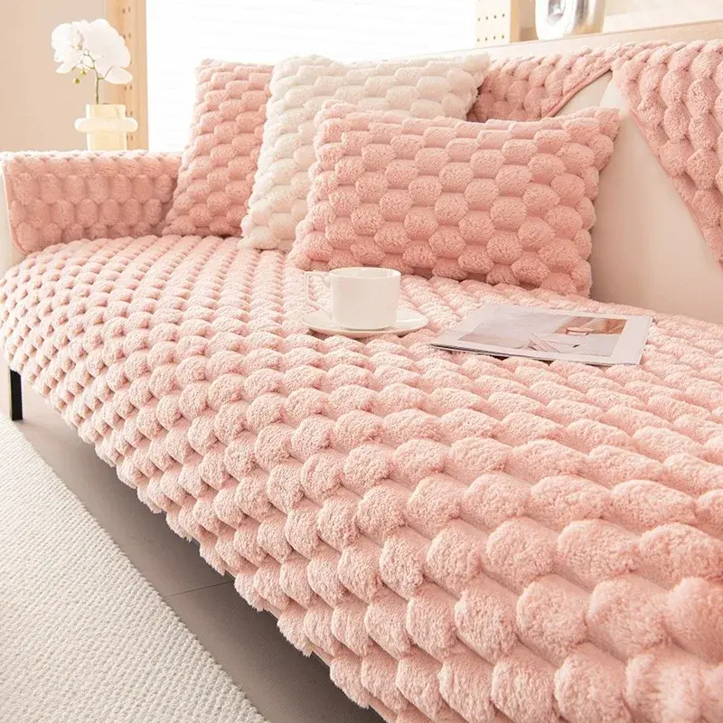 Winter Cream Wind Sofa Cushion Warm Thickened European Style Anti-skid Sofa Cover Solid Color Honeycomb Velvet Backrest Towel