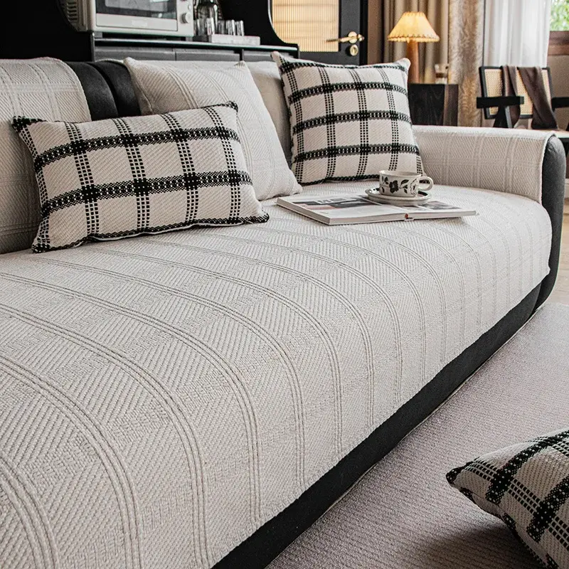 Checkered Sofa Cushion Four Seasons Cotton Linen Solid Wood Sofa Cover Non-slip Universal Sofa Cover Thicken Tassels Couch Mat