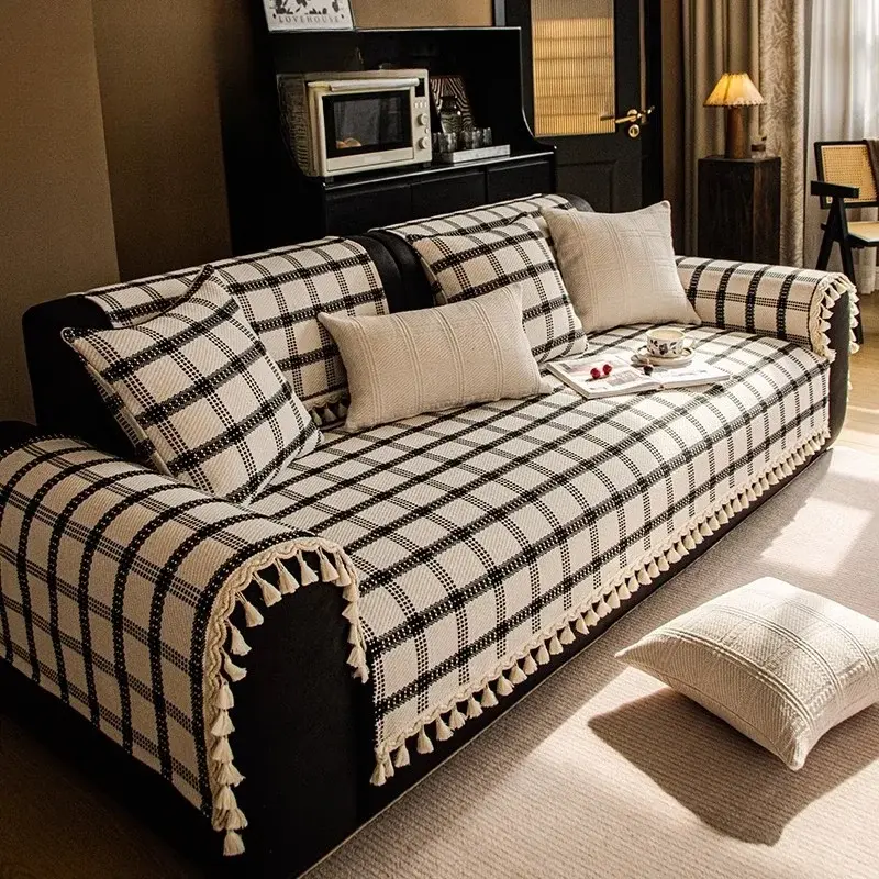 Checkered Sofa Cushion Four Seasons Cotton Linen Solid Wood Sofa Cover Non-slip Universal Sofa Cover Thicken Tassels Couch Mat