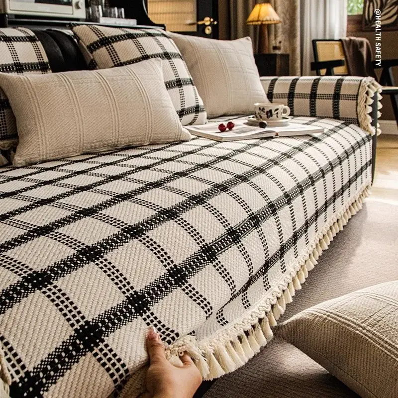 Checkered Sofa Cushion Four Seasons Cotton Linen Solid Wood Sofa Cover Non-slip Universal Sofa Cover Thicken Tassels Couch Mat