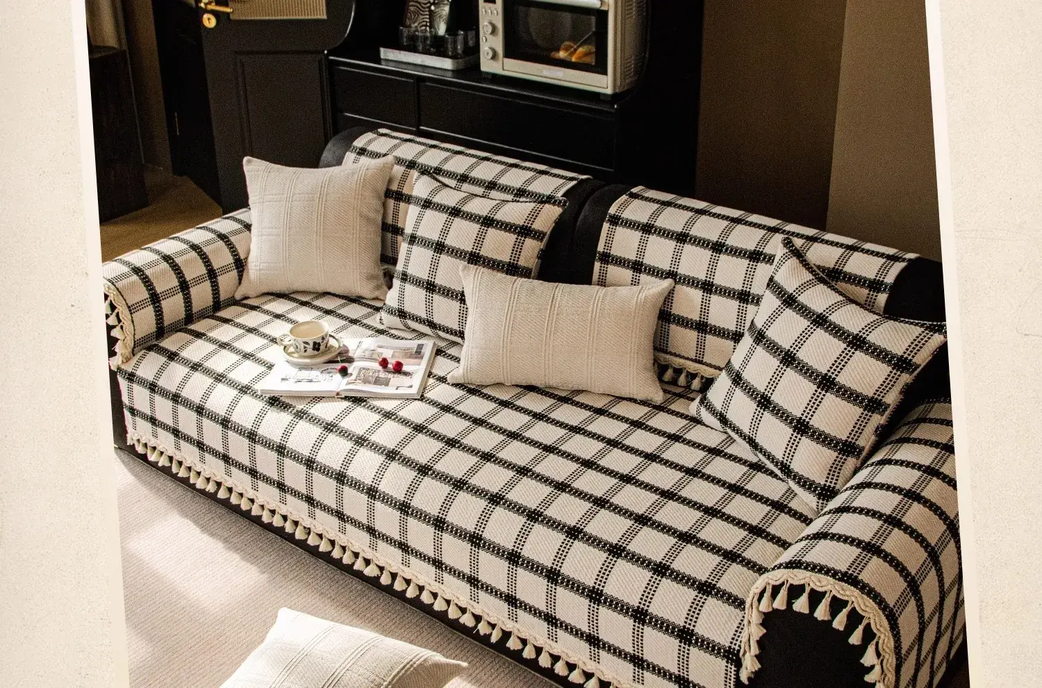 Checkered Sofa Cushion Four Seasons Cotton Linen Solid Wood Sofa Cover Non-slip Universal Sofa Cover Thicken Tassels Couch Mat