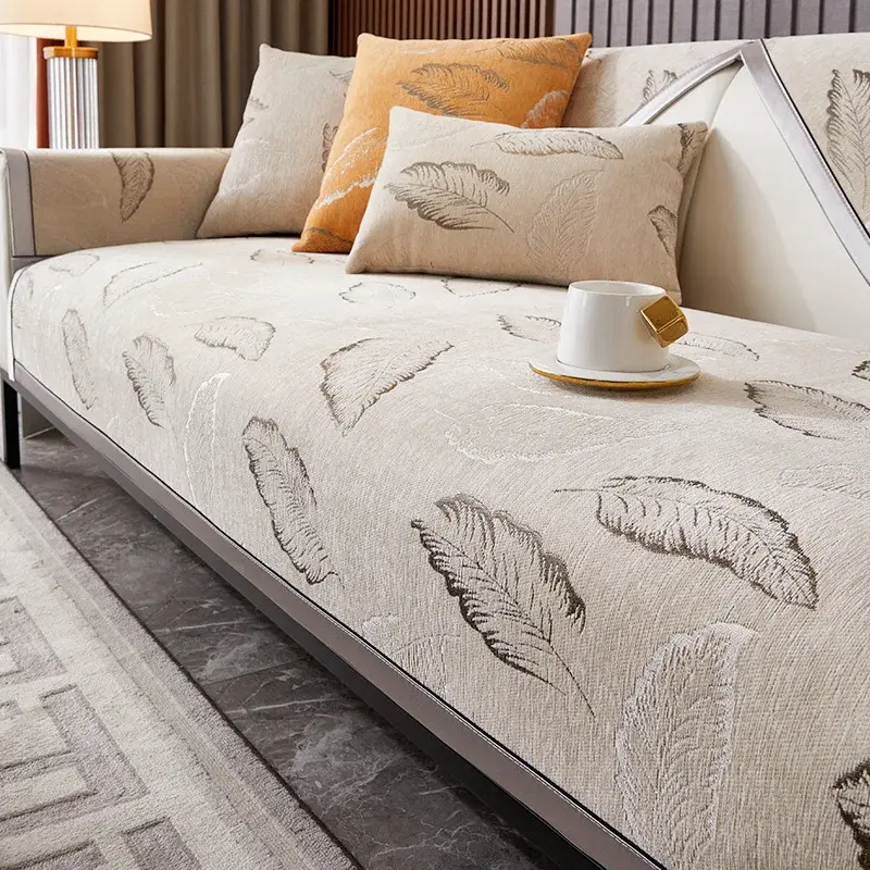 Chenille Solid Color Sofa Mat Four Seasons Universal Sofa Mat Non-slip Hot Stamping Leaf Sofa Cover Armrest Backrest Couch Cover