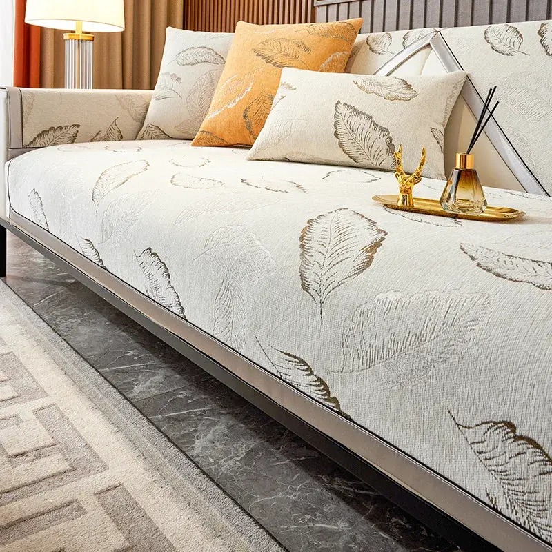 Chenille Solid Color Sofa Mat Four Seasons Universal Sofa Mat Non-slip Hot Stamping Leaf Sofa Cover Armrest Backrest Couch Cover