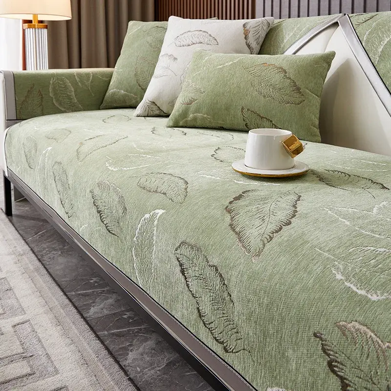 Chenille Solid Color Sofa Mat Four Seasons Universal Sofa Mat Non-slip Hot Stamping Leaf Sofa Cover Armrest Backrest Couch Cover