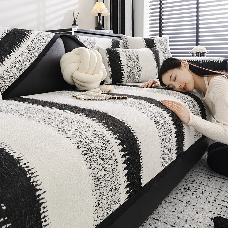 New Chenille Sofa Covers Black White Stripe Sofa Cushion Home Decor Armchair Towel Furniture Seat Cover Sofa Mat for Living Room