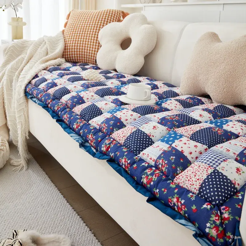 Retro Pastoral Cotton Thicken Sofa Cushion, Plaid Quilted Rug, Sofa Covers for Living Room, Non-Slip Couch Cushion, Tatami Mat