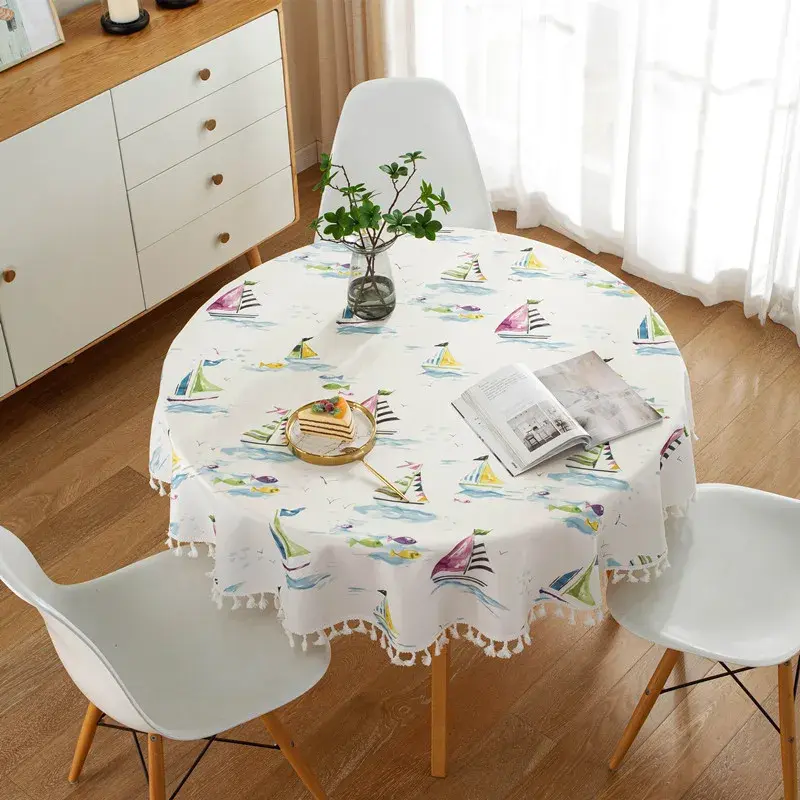 1PCS Nordic Ins Style Sailboat Round Tablecloth with Floral Plant Waterproof Colored Dining Table Cover Multi-purpose Tablecloth