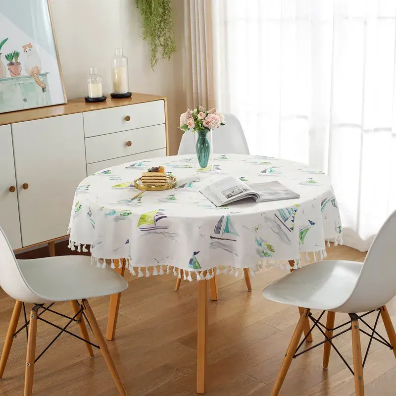 1PCS Nordic Ins Style Sailboat Round Tablecloth with Floral Plant Waterproof Colored Dining Table Cover Multi-purpose Tablecloth