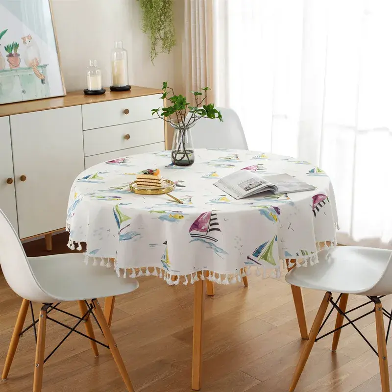 1PCS Nordic Ins Style Sailboat Round Tablecloth with Floral Plant Waterproof Colored Dining Table Cover Multi-purpose Tablecloth