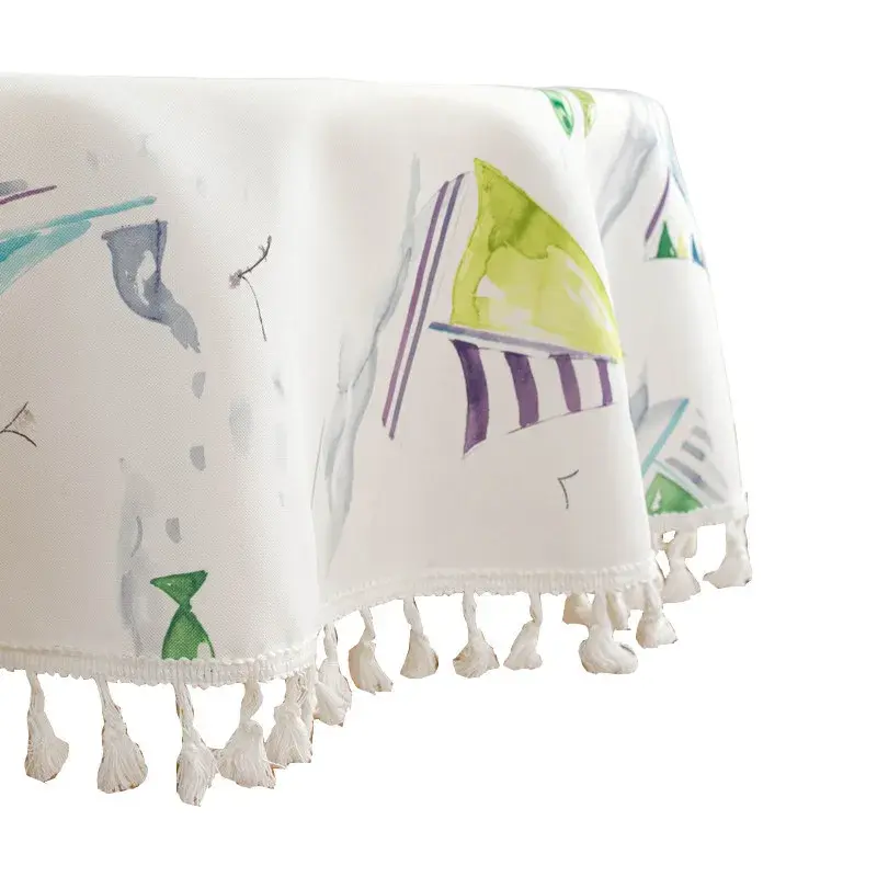1PCS Nordic Ins Style Sailboat Round Tablecloth with Floral Plant Waterproof Colored Dining Table Cover Multi-purpose Tablecloth