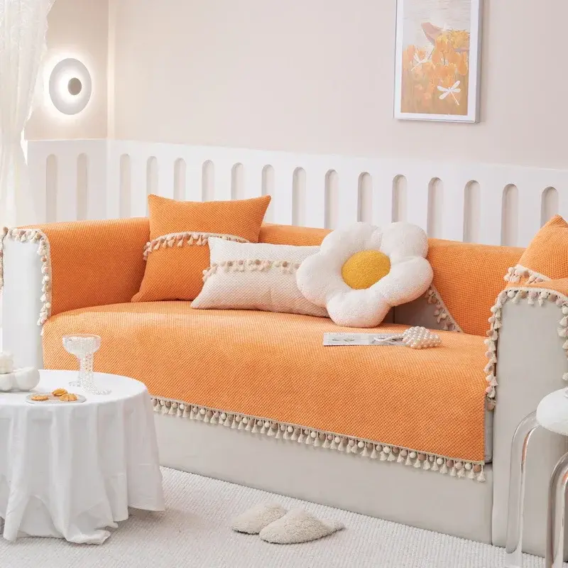 New Corduroy Braid Sofa Cushion Four Seasons Universal Tassel Ball Simplicity Non-slip Sofa Cover Cushion Solid Color Sofa Cover