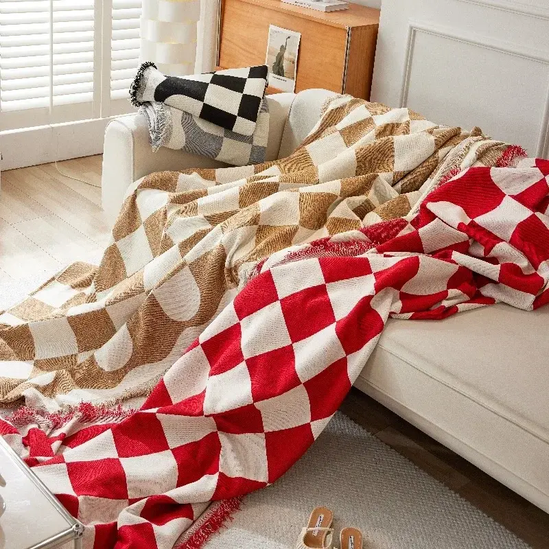Black White Grid Sofa Cover, Sofa Blanket, Full Cover, Universal Couch Towel, With Tassels Home Decor, Living Room Decor