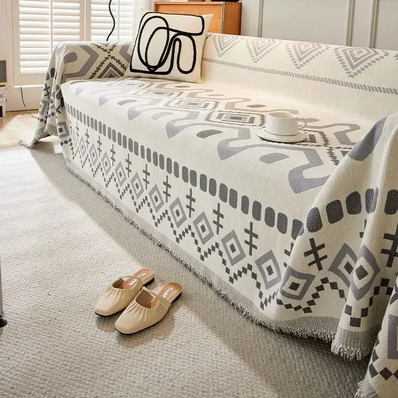 Boho Style Chenille Sofa Towel with Tassels, Double-side, for Living Room Camping Picnic Large Blanket Leisure Relax Beach Towel