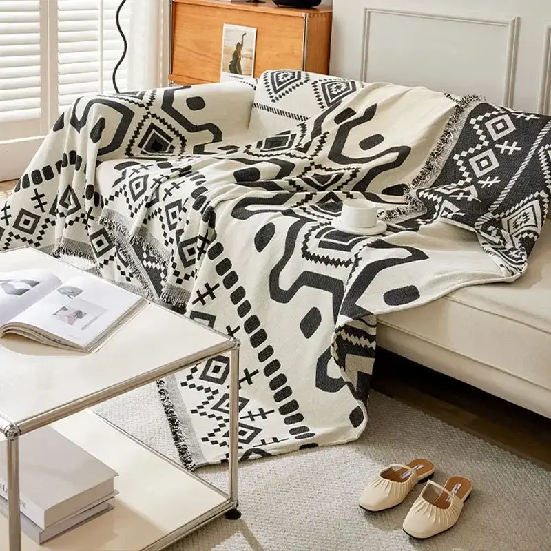 Boho Style Chenille Sofa Towel with Tassels, Double-side, for Living Room Camping Picnic Large Blanket Leisure Relax Beach Towel