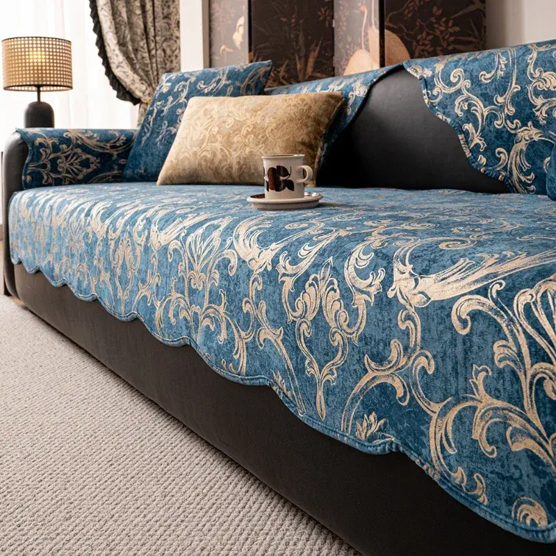European Style Wave Edge Jacquard Sofa Covers Dutch Velvet Hot Stamping Sofe Cushion Four Seasons Universal Anti Slip Sofa Mat