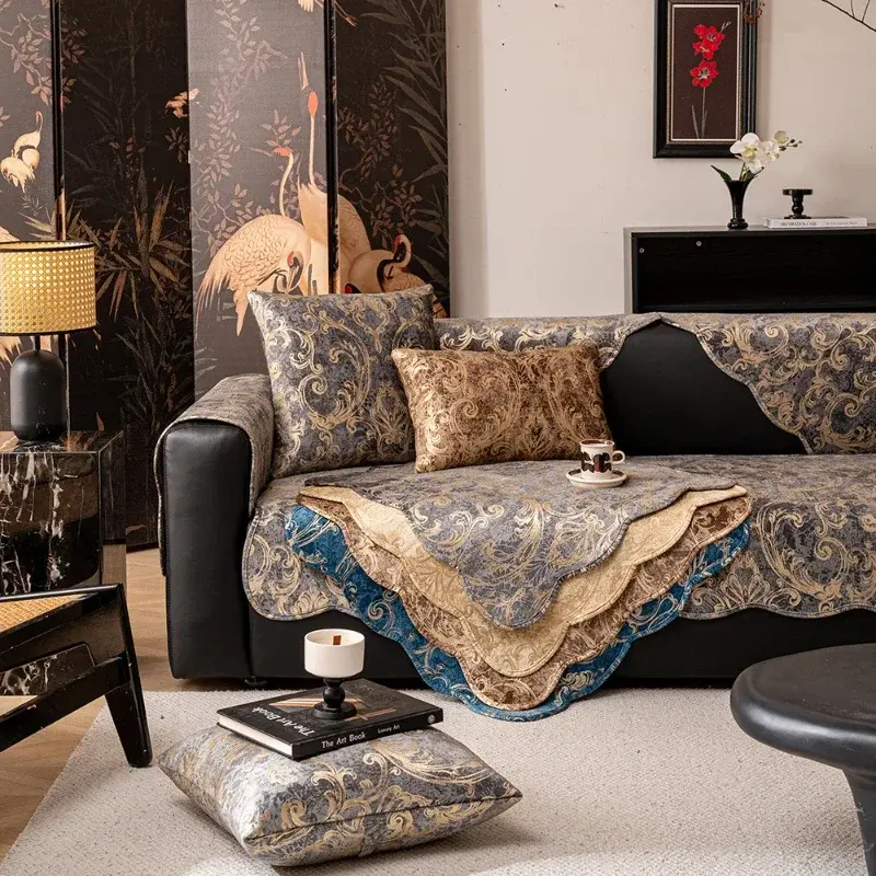 European Style Wave Edge Jacquard Sofa Covers Dutch Velvet Hot Stamping Sofe Cushion Four Seasons Universal Anti Slip Sofa Mat