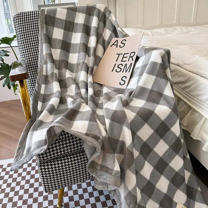 Grid Diagonal Coral Velvet Bed Blanket Nordic Short Wool Blanket Soft Warm Black White Sofa Cover Home Decoration Thin Blanket