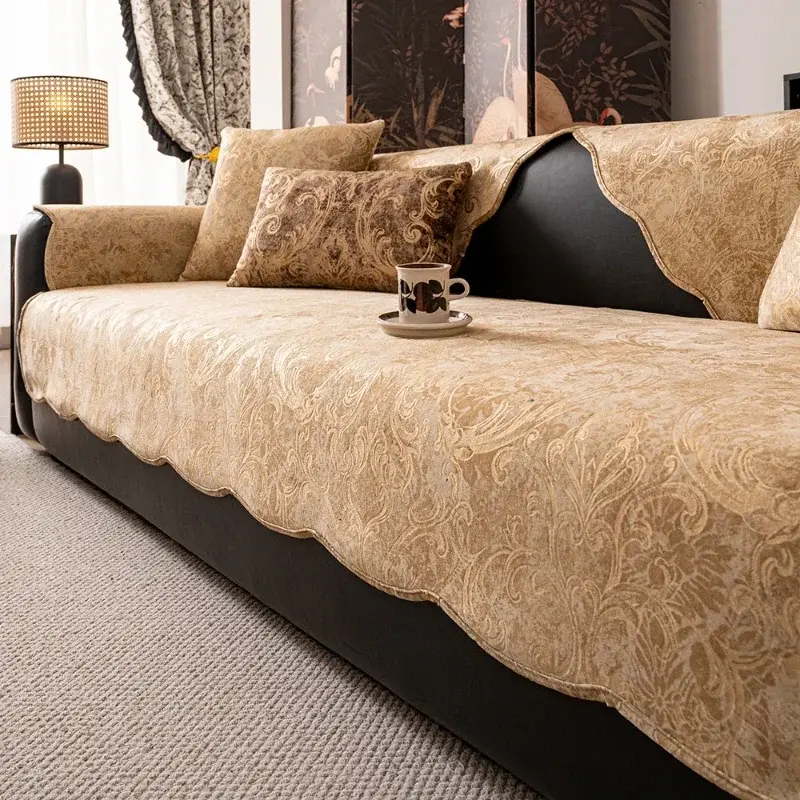 European Style Wave Edge Jacquard Sofa Covers Dutch Velvet Hot Stamping Sofe Cushion Four Seasons Universal Anti Slip Sofa Mat