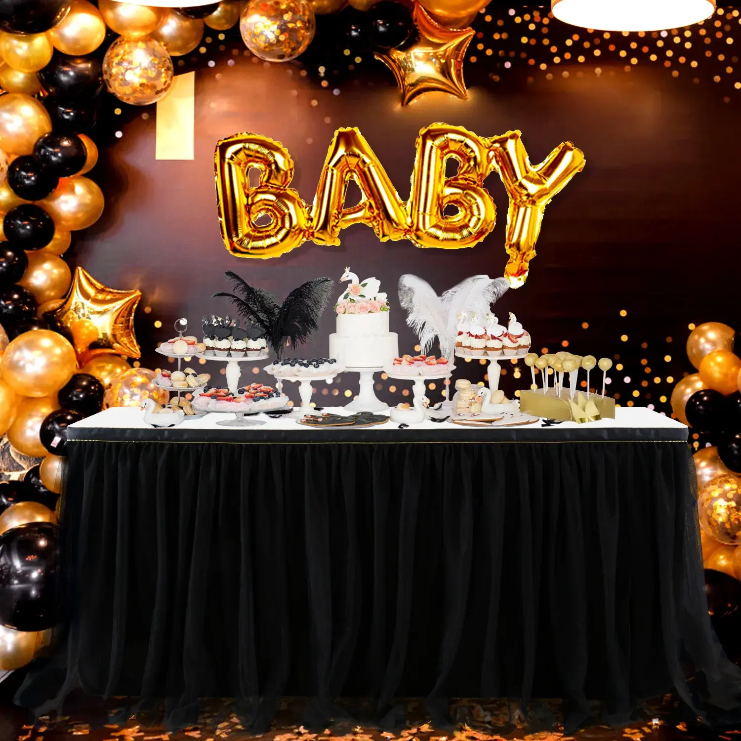 Table Skirting Tulle Table Skirt Tutu Table Skirt Tablecloth Decorations Baby Shower Wedding Buffet Banquet Decoration Black
