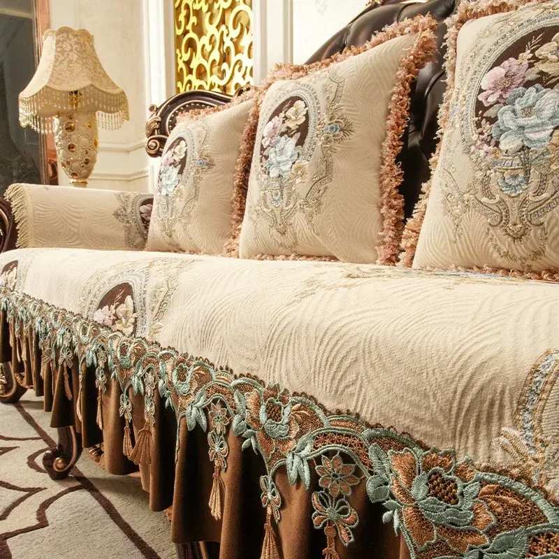 Luxury European Sofa Cover Jacquard Non-slip 1 2 3 4 Seater Leather Sofa Mat Slipcover Armchair Sofa Pad With Exquisite Lace