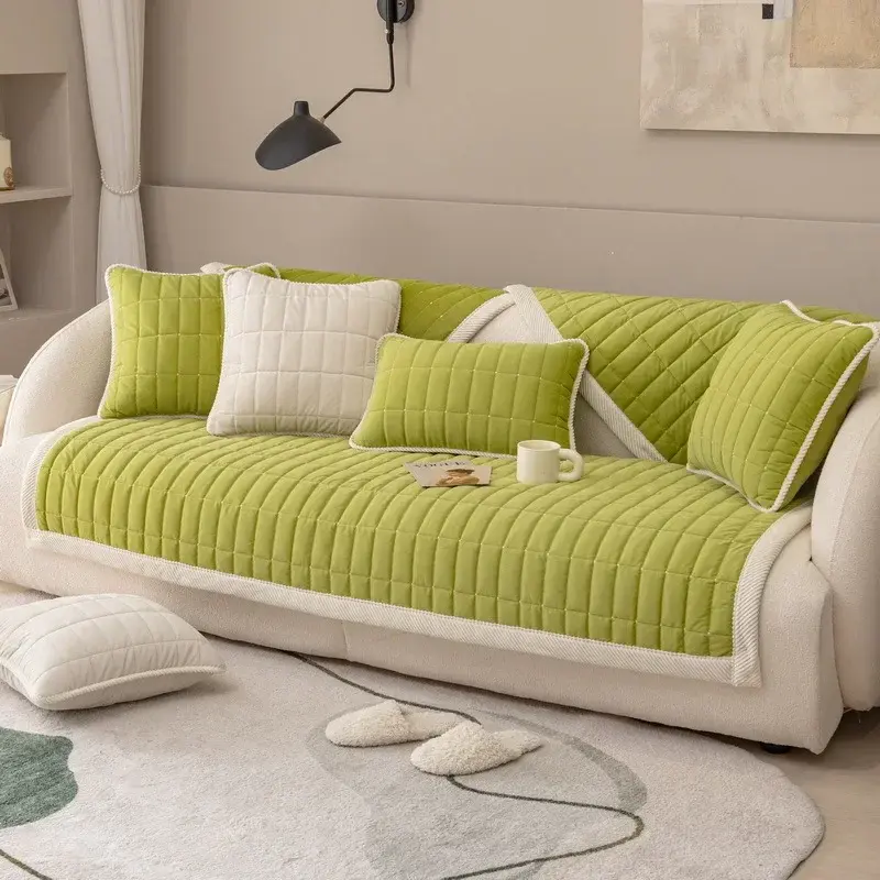 Rectangular Grid Sofa Cover Solid Color Thicken Plush L Shape Corner Sofa Towel Cover Non-Slip Couch Protector for Living Room