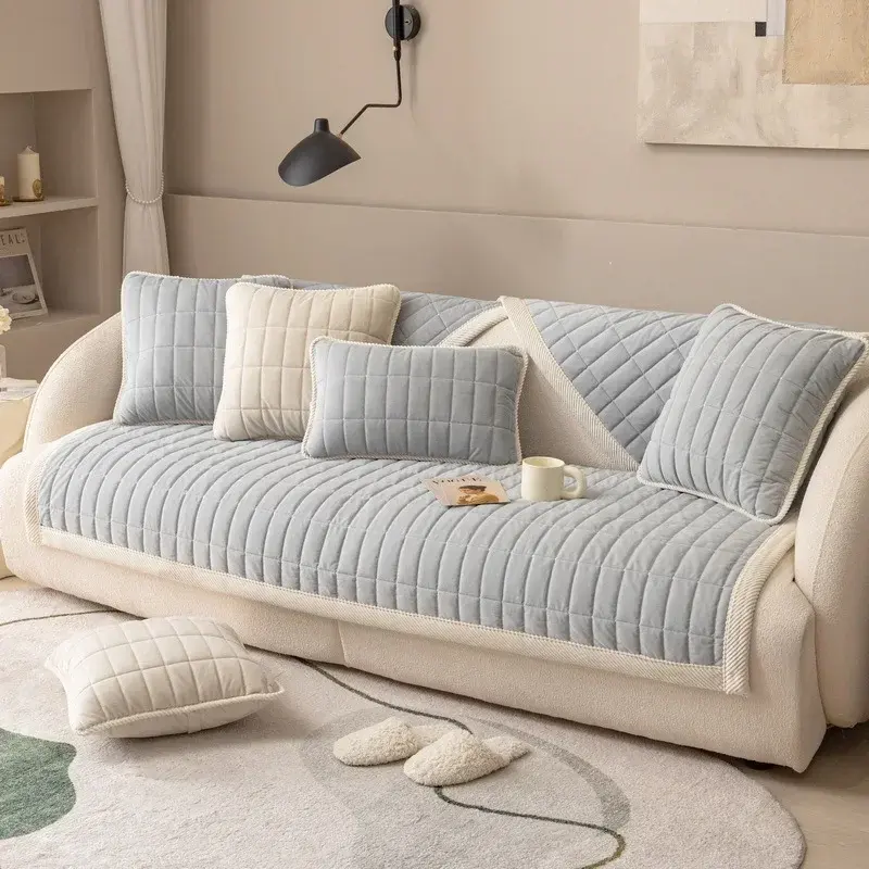 Rectangular Grid Sofa Cover Solid Color Thicken Plush L Shape Corner Sofa Towel Cover Non-Slip Couch Protector for Living Room